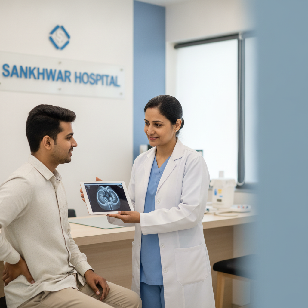 Doctor showing kidney stone scan to patient at Sankhwar Hospital