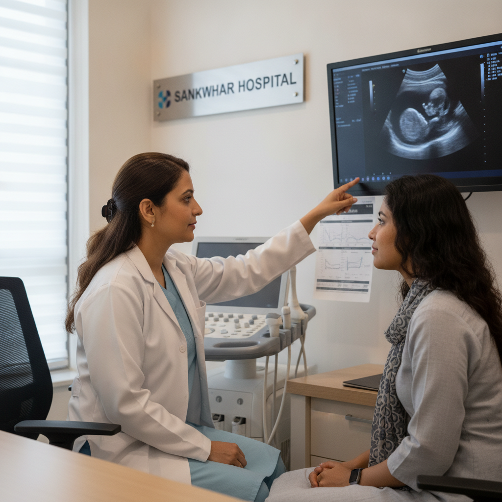 Doctor explaining ovarian cyst ultrasound to patient at Sankhwar Hospital