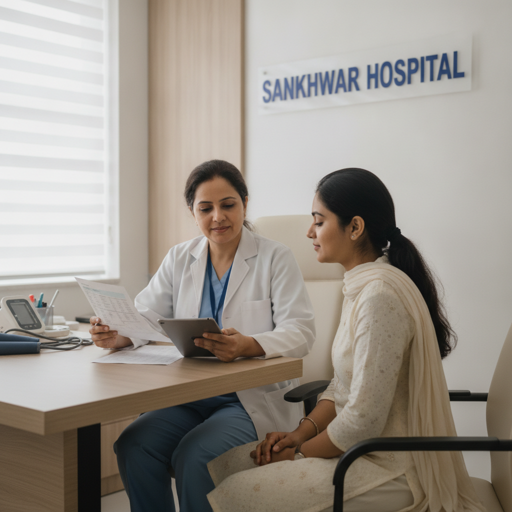Doctor discussing PCOD PCOS diagnosis and diet chart with patient at Sankhwar Hospital