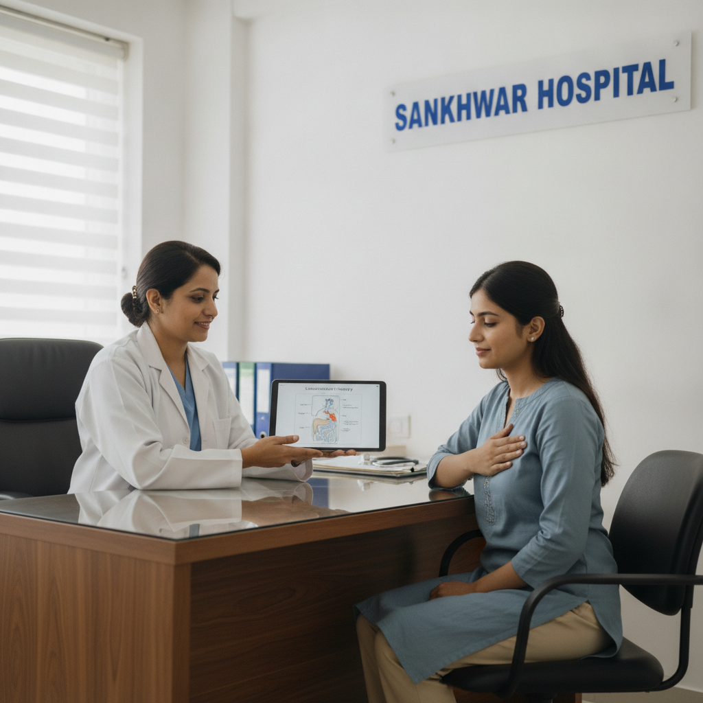 Doctor explaining laparoscopic gallbladder stone surgery to patient at Sankhwar Hospital Kondli