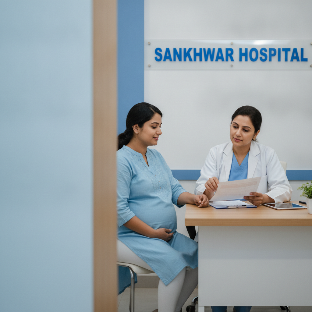 Doctor explaining report to pregnant patient at Sankhwar Hospital
