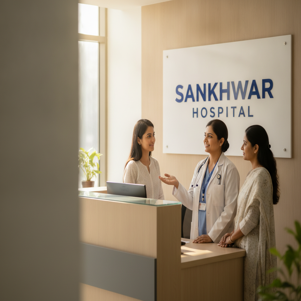 Friendly staff greeting a patient and family at Sankhwar Hospital reception in Kondli, East Delhi